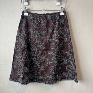 Vintage Y2K Brown Embroidered Skirt Blue Rose Abstract Art To Wear Boho Indie M